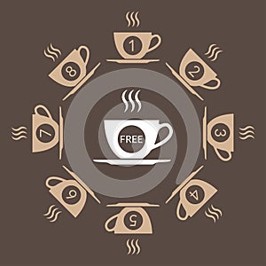Coffee loyalty card concept with coffee cup icons. Buy 8 cups and get 1 for free. Cafe beverage promotion design template. Vector